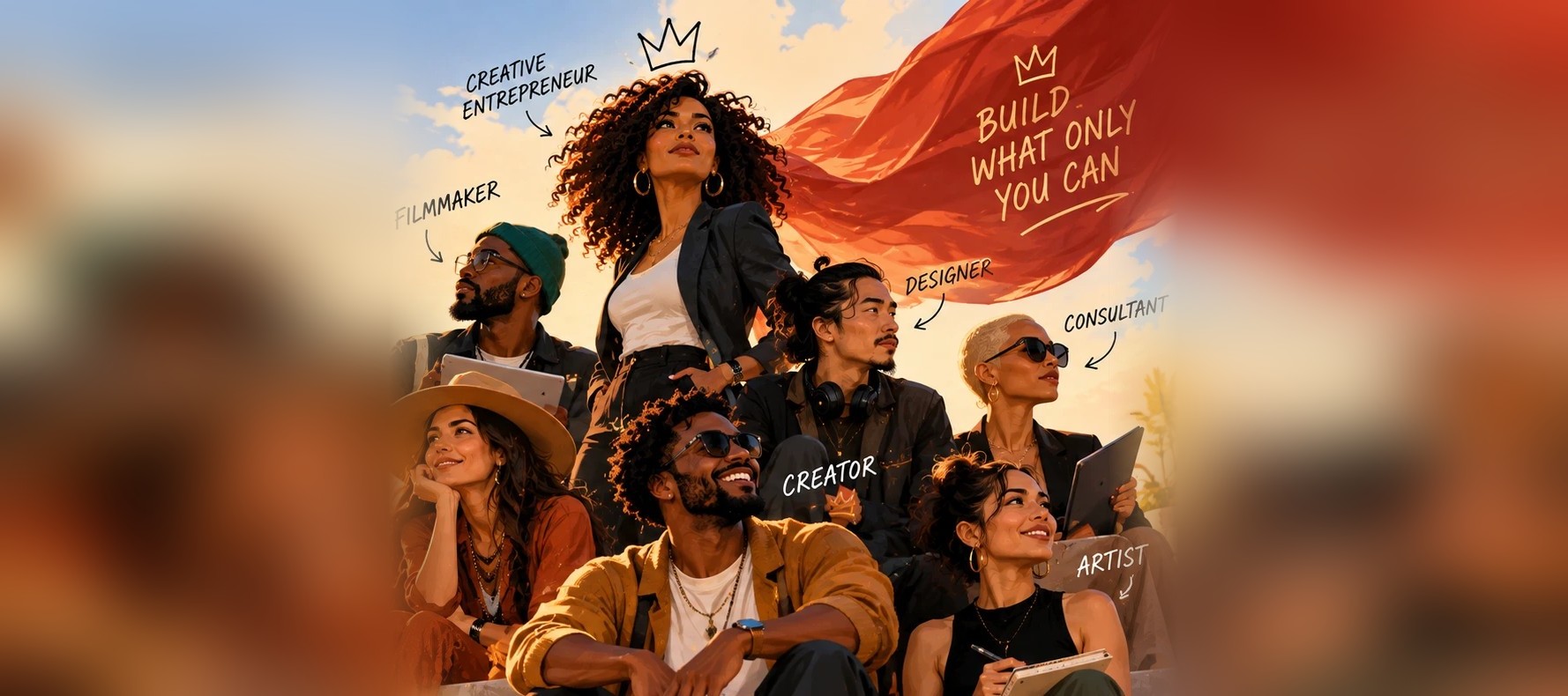 An illustrated group of independent builders on a rooftop at golden hour, labelled filmmaker, creative entrepreneur, designer, consultant, creator and artist, beneath a red cape reading Build What Only You Can