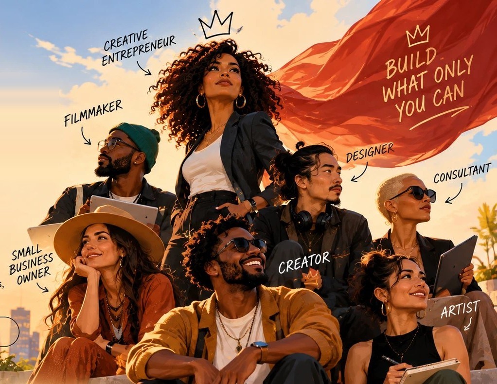 An illustrated group of independent builders on a rooftop at golden hour, labelled filmmaker, creative entrepreneur, small business owner, designer, consultant, creator and artist, beneath a red cape reading Build What Only You Can